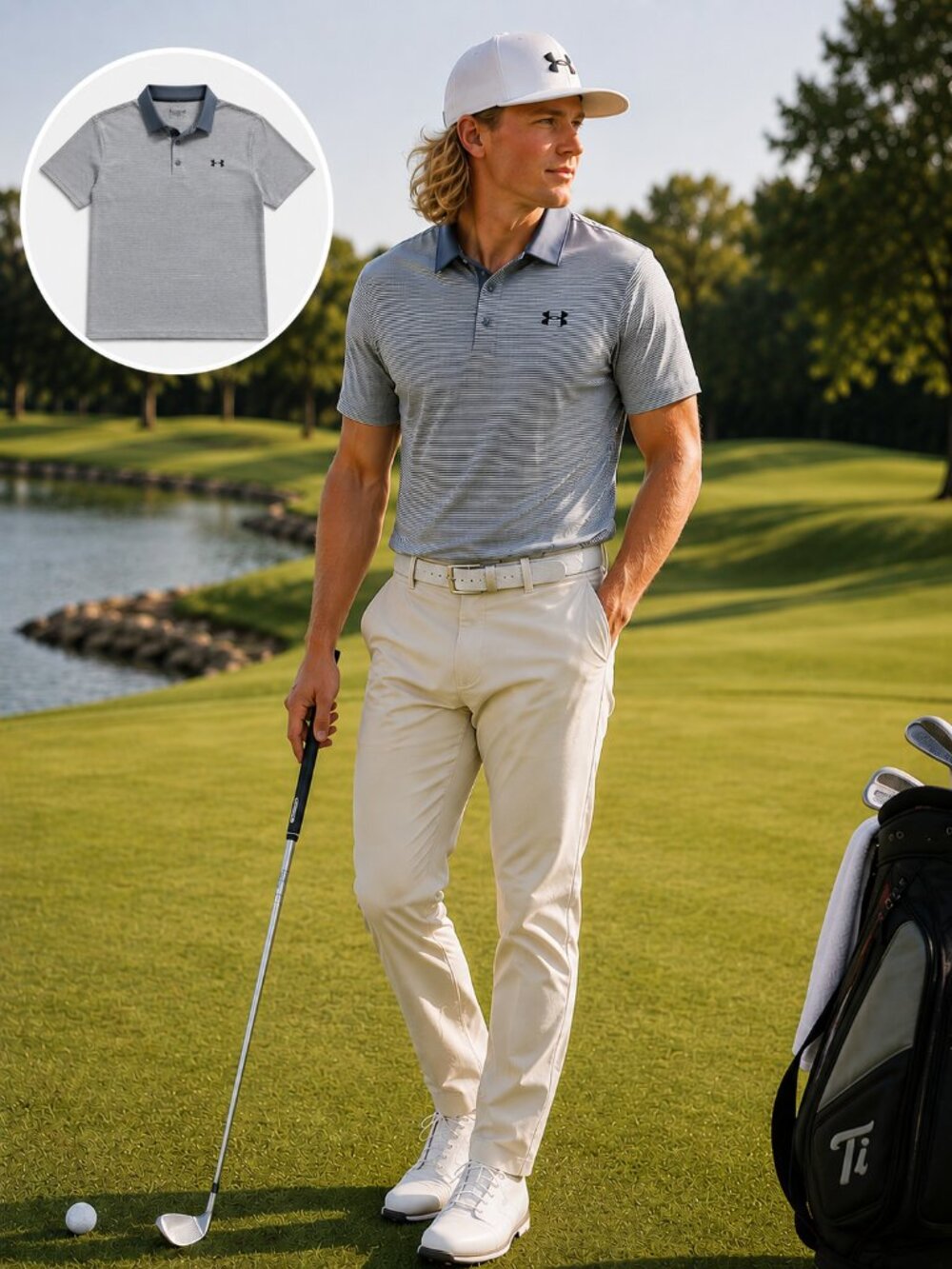 Under Armour Performance Golf Polo Blue Stripe Athletic Shirt